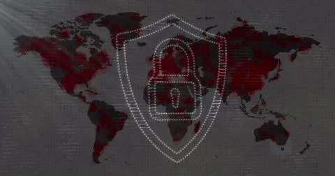 Image of a white padlock in white shield over a world map turning red Ilustração Stock