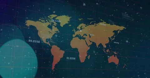Image of white particles and light spots over world map and data processing on Stockillustratie