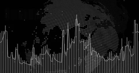 Image of white pixel globe and graph processing data on black background 스톡 일러스트