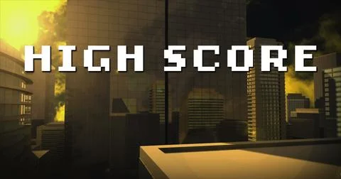 Image of white pixel text high score, over modern cityscape sunset Stock Illustration
