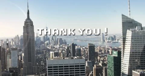 Image of white pixel text thank you, over modern cityscape Stock Photos