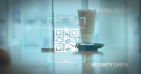 Image of a white QR code scanning over a cup of caffe latte standing Stock Illustration