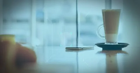 Image of a white QR code scanning over a cup of caffe latte standing Stock Illustration