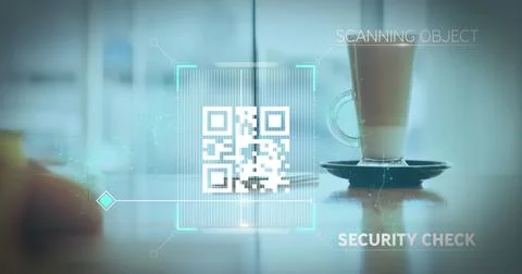 Image of a white QR code scanning over a cup of caffe latte standing Stock Illustration