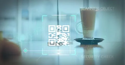 Image of a white QR code scanning over a cup of caffe latte standing Stock Photos