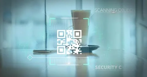 Image of a white QR code scanning over a cup of caffe latte standing on a table Stock Photos