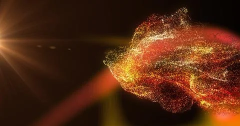 Image of white, red and orange particle clouds and red light moving on black Stock Illustration