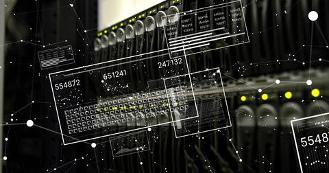 Image of white spots and data processing over server room 스톡 사진