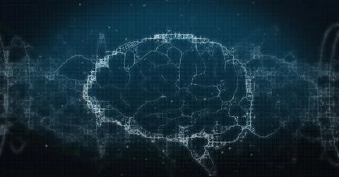 Image of white spots and digital wave over spinning human brain icon on blue Stock Photos