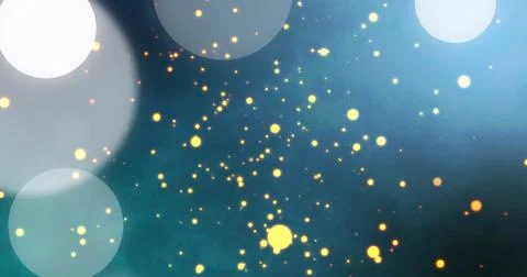 Image of white spots of light and yellow particles rainbow against blue Stock Photos