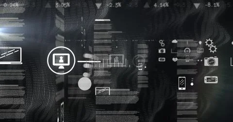 Image of white text start over data processing interfaces and white light trails Stock Photos