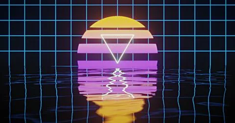 Image of white triangle over glowing yellow to purple circle over blue grid Illustrazione stock