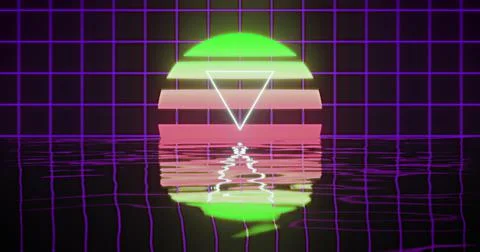 Image of white triangle over glowing green to red circle over purple grid Stock Illustration