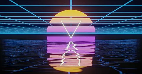 Image of white triangle over glowing yellow to purple circle over blue grid Illustrazione stock