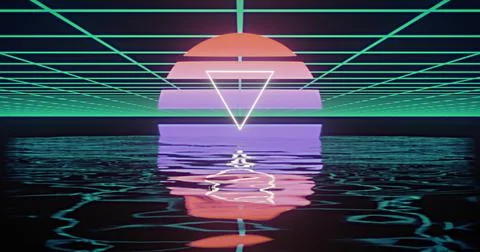 Image of white triangle over glowing red to purple circle over green grid Stock Illustration