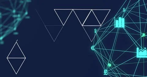 Image of white triangles and network of connections with icons on black Stockfoto's