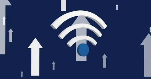 Image of wifi and arrows digital icons floating over blue background Illustrazione stock