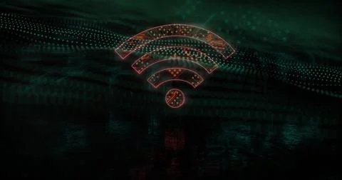 Image of wifi icon with computer circuit board over spots on black background Foto stock