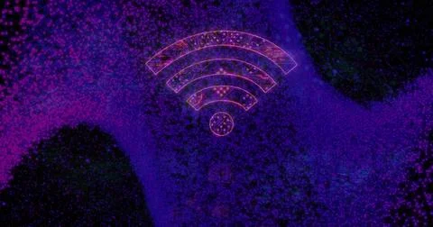 Image of wifi icon with computer circuit board over spots on black background Stock Photos