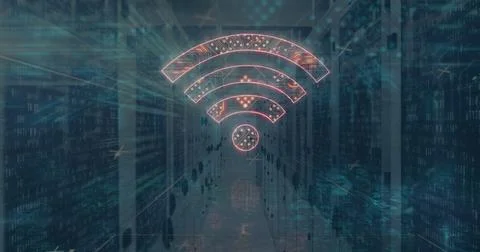 Image of wifi icon formed with computer circuit board and data processing over Stock Photos