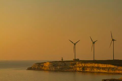 Image of the wind farm located on the western cape of Bozcaada, Turkey Stock Photos