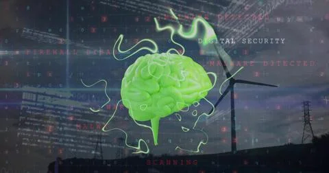 Image of wind turbine, human brain and data processing Stock-Illustration