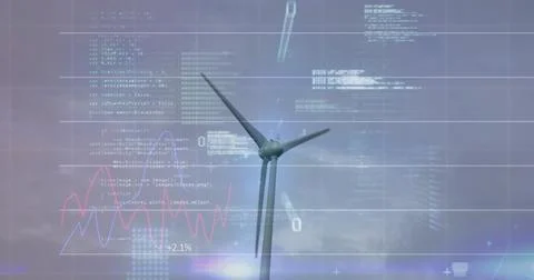 Image of wind turbine turning, data processing and stock exchange graph Illustrazione stock