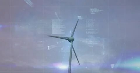 Image of wind turbine turning, data processing and stock exchange graph Stock-Fotos