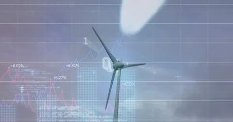 Image of wind turbine turning, data processing and stock exchange graph Stock-Fotos