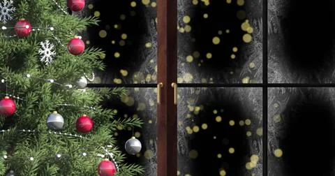 Image of window and christmas tree over spots Illustrazione stock