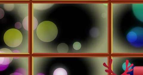 Image of window and decorations at christmas over spots Ilustração Stock