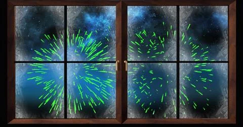 Image of window and snow with green christmas and new year fireworks exploding イラスト素材