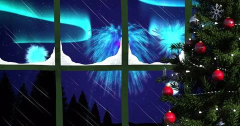 Image of window with christmas tree and fireworks exploding in night sky Illustrazione stock