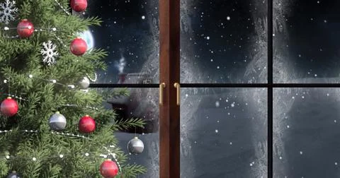 Image of window over house and winter landscape Ilustração Stock