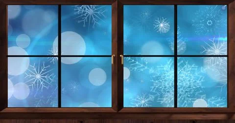 Image of window over snow and light spots on blue background Ilustração Stock