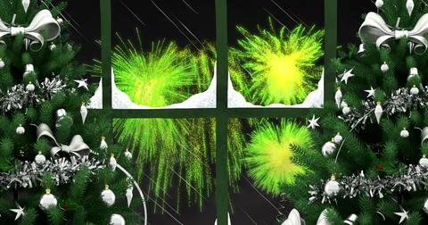 Image of window with snow, christmas trees and green fireworks exploding in Stock Illustration