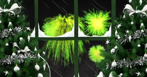 Image of window with snow, christmas trees and green fireworks exploding in イラスト素材