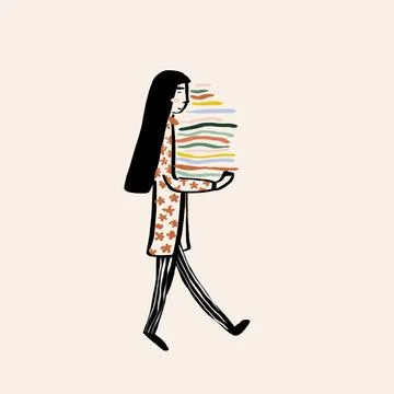Image of woman with stack of books Stock Illustration