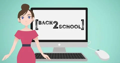 Image of woman talking over computer and back to school text Stock Illustration