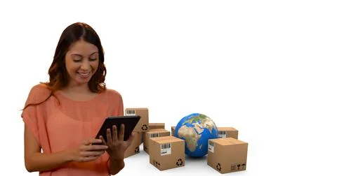 Image of woman using tablet with stacks of boxes and globe on white background Foto stock