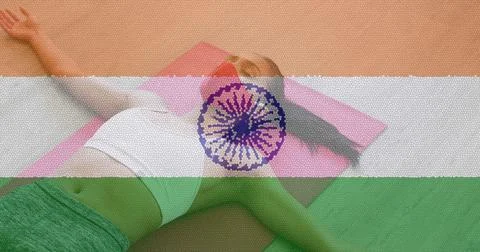 Image of woman wearing face mask practicing yoga over indian flag Stock Illustration