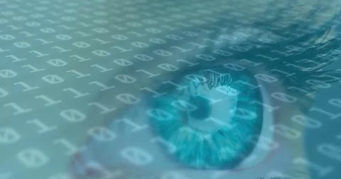 Image of woman's blue eye with changing white binary numbers Stock Photos