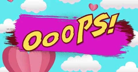 Image of the word oops in yellow with floating heart balloons and gift on blue Stock-Illustration