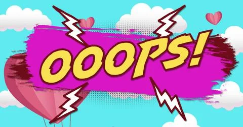 Image of the word oops in yellow with floating heart balloons and gift on blue Stock-Illustration