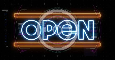 Image of the word open in white neon with circular scope digital interface on Illustrazione stock