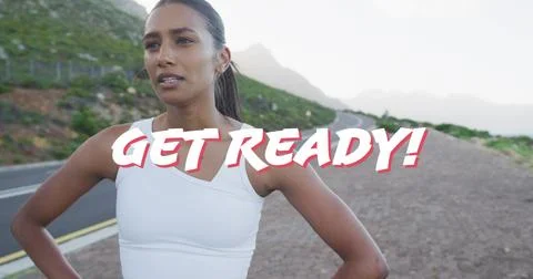 Image of the words get ready in white over woman exercising on mountain road Illustrazione stock