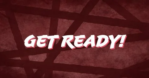 Image of the words Get Ready! in white capital letters over dark crossed lines Stockfoto's