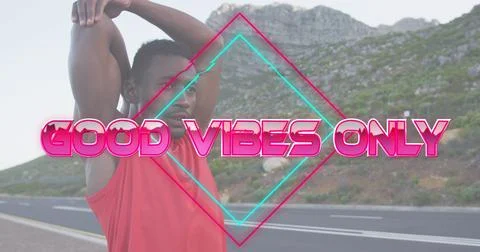 Image of the words good vibes only in pink over man exercising on mountain road Ilustração Stock