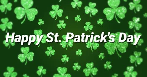 Image of the words Happy St. Patrick's Day written on green clovers background 库存插图