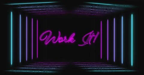 Image of work it and neon lines on black background Illustrazione stock